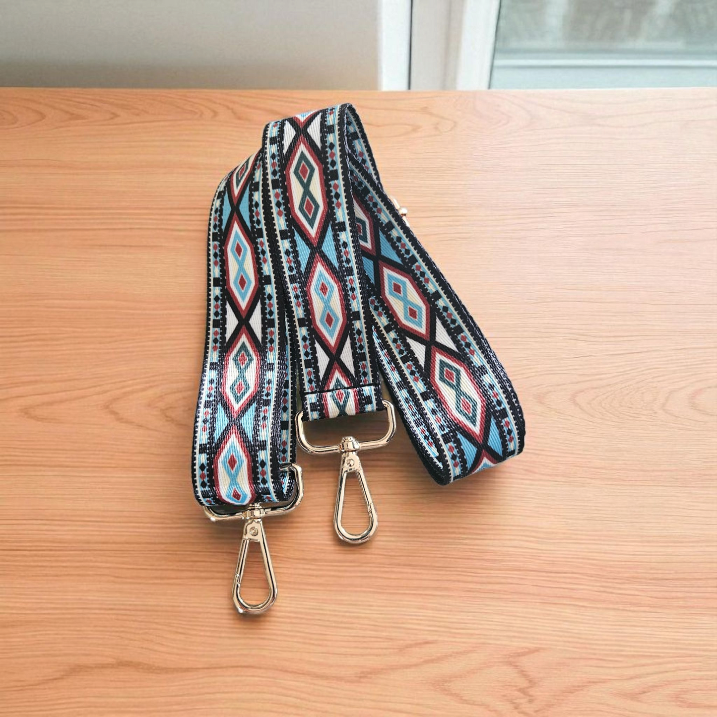 Handbag Straps - Blue/Burgandy Geometric