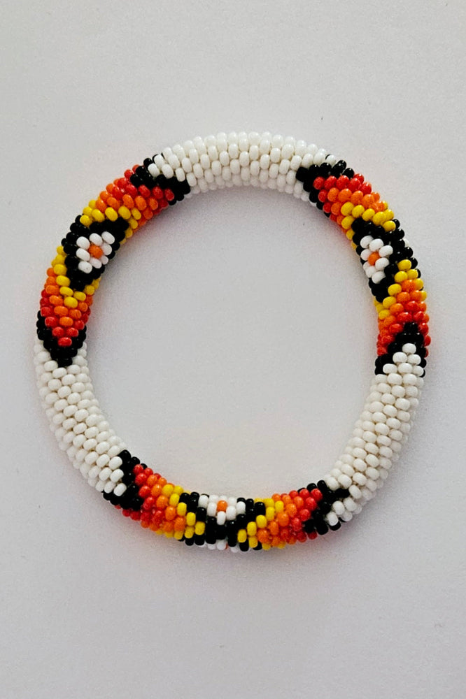Beaded Roll On Bracelet - White with Orange Black - WOB