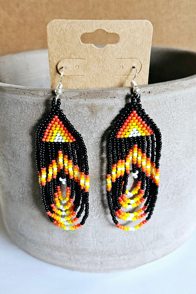 Beaded Fringe Loop Earrings - Black - BLK
