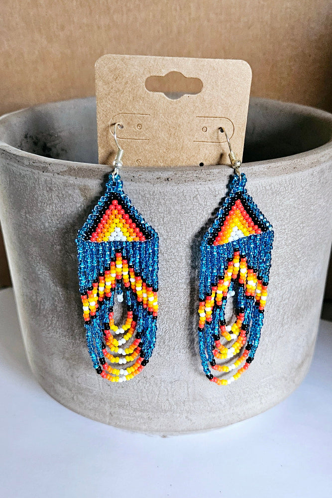Beaded Fringe Loop Earrings - Blue - BL