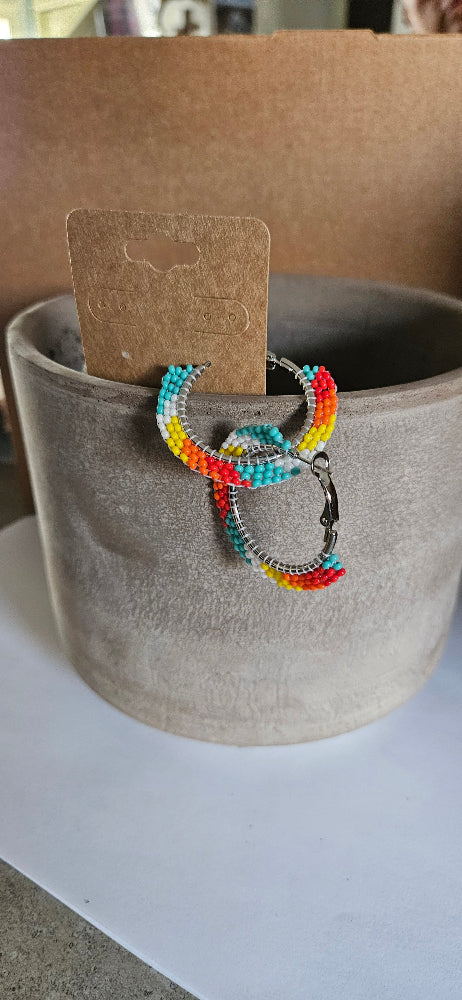 Small Flat 3 Row Beaded Hoop Earrings