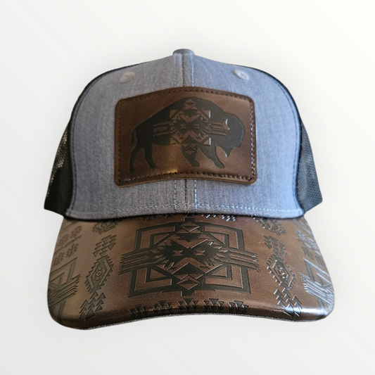 Buffalo Leather Patch Snapback Hat - Blue Denim with black mesh back
