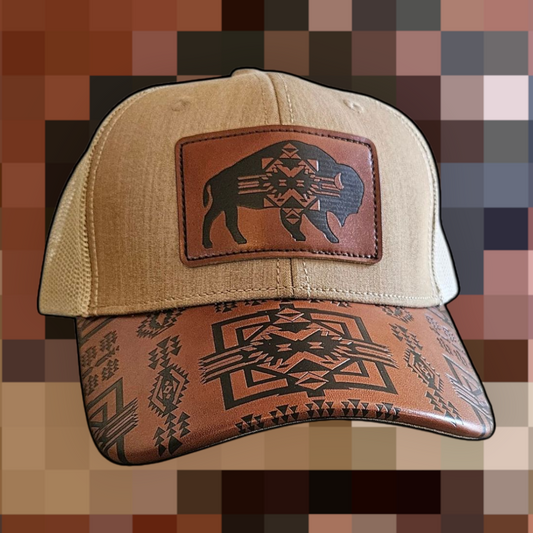 Buffalo Leather Patch Snapback Hat - Beige with white mesh back
