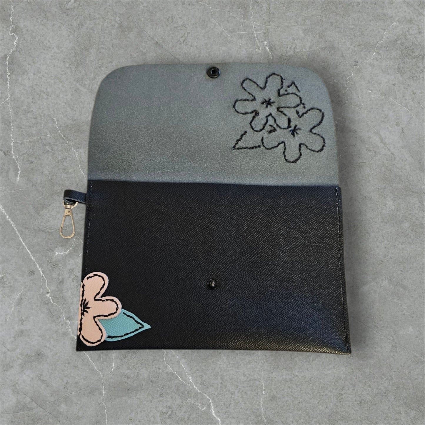 Black Leather Clutch with flowers