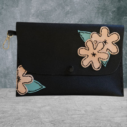 Black Leather Clutch with flowers