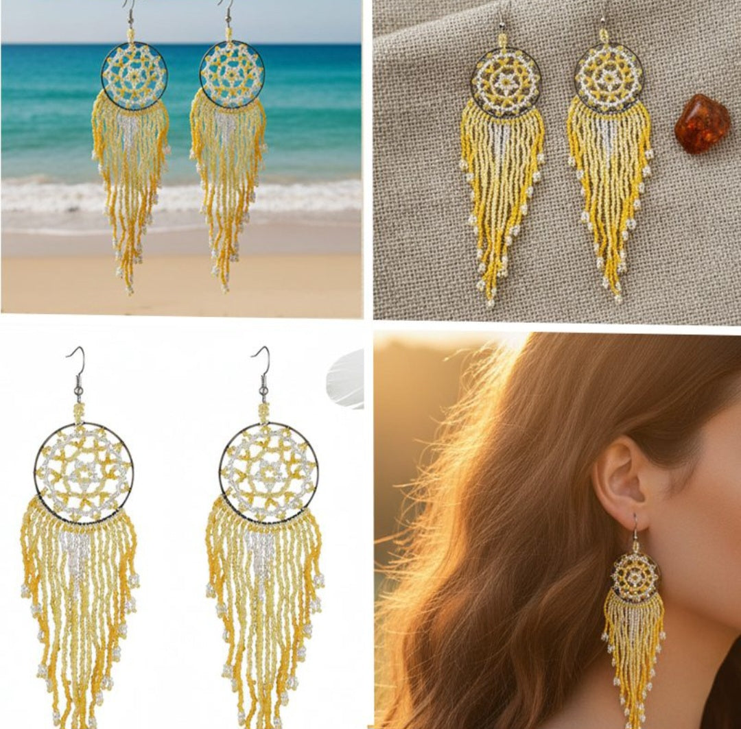 Gold Beaded Dream Catcher Earrings